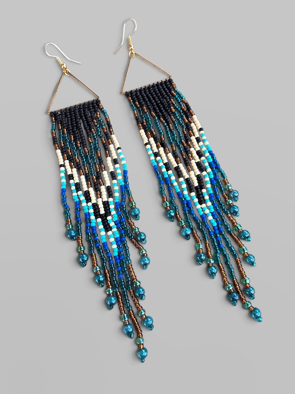 Coastal Blue Boho Fringe Seed Beads Earrings Handmade Beaded Jewelry